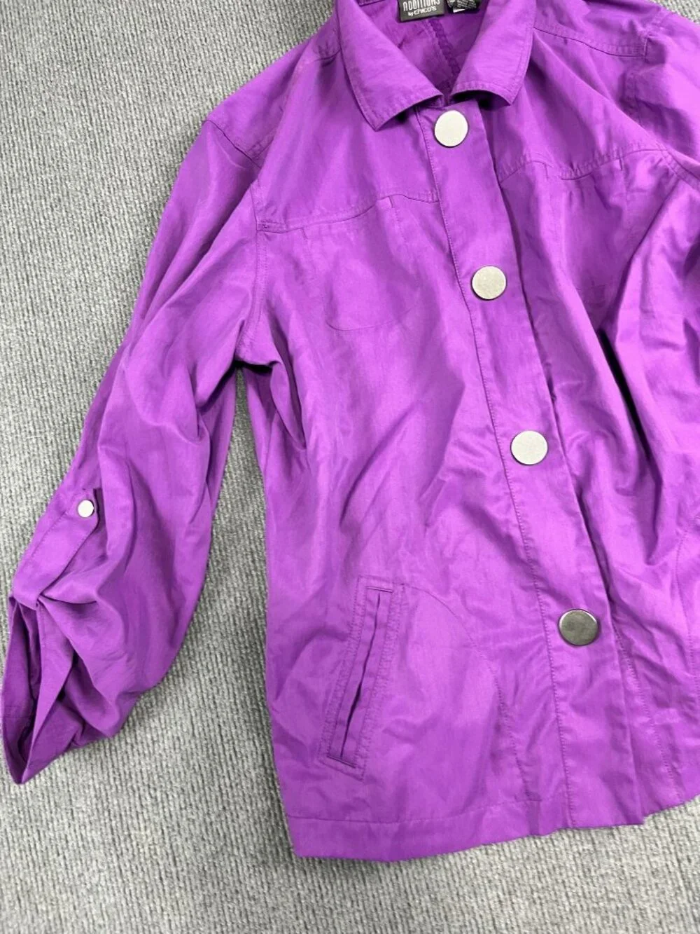 Additions By Chicos Womens Purple Button-Front Jacket Roll-Tab Sleeves Size 3 - Picture 3 of 10